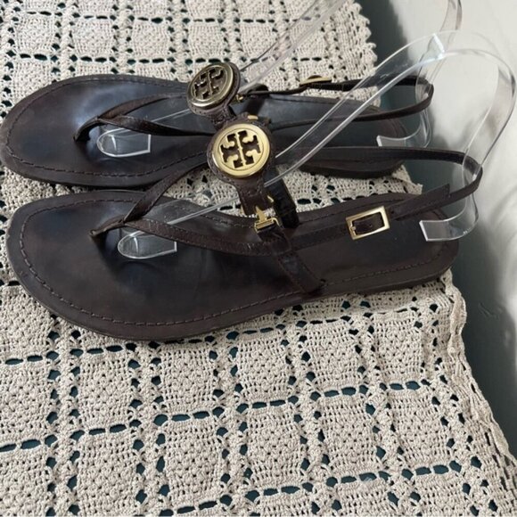 Tory Burch Ali-Anteka Leather Brown coconut Sandals 8.5 Gold hardware slingback - Picture 3 of 11